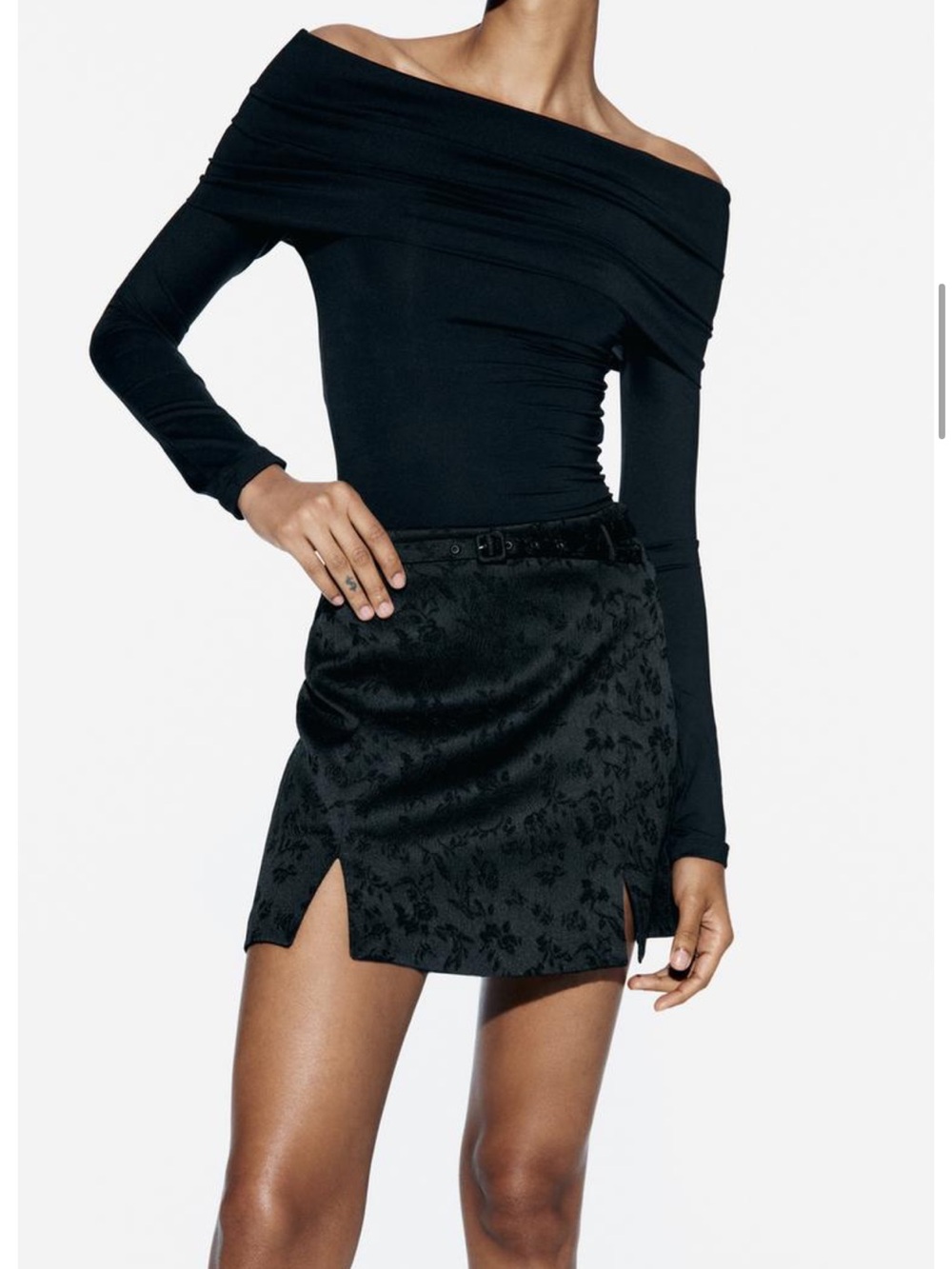 Zara Black Textured Jacquard Belted Skort Mini Skirt Shorts Flap Overlay Women S